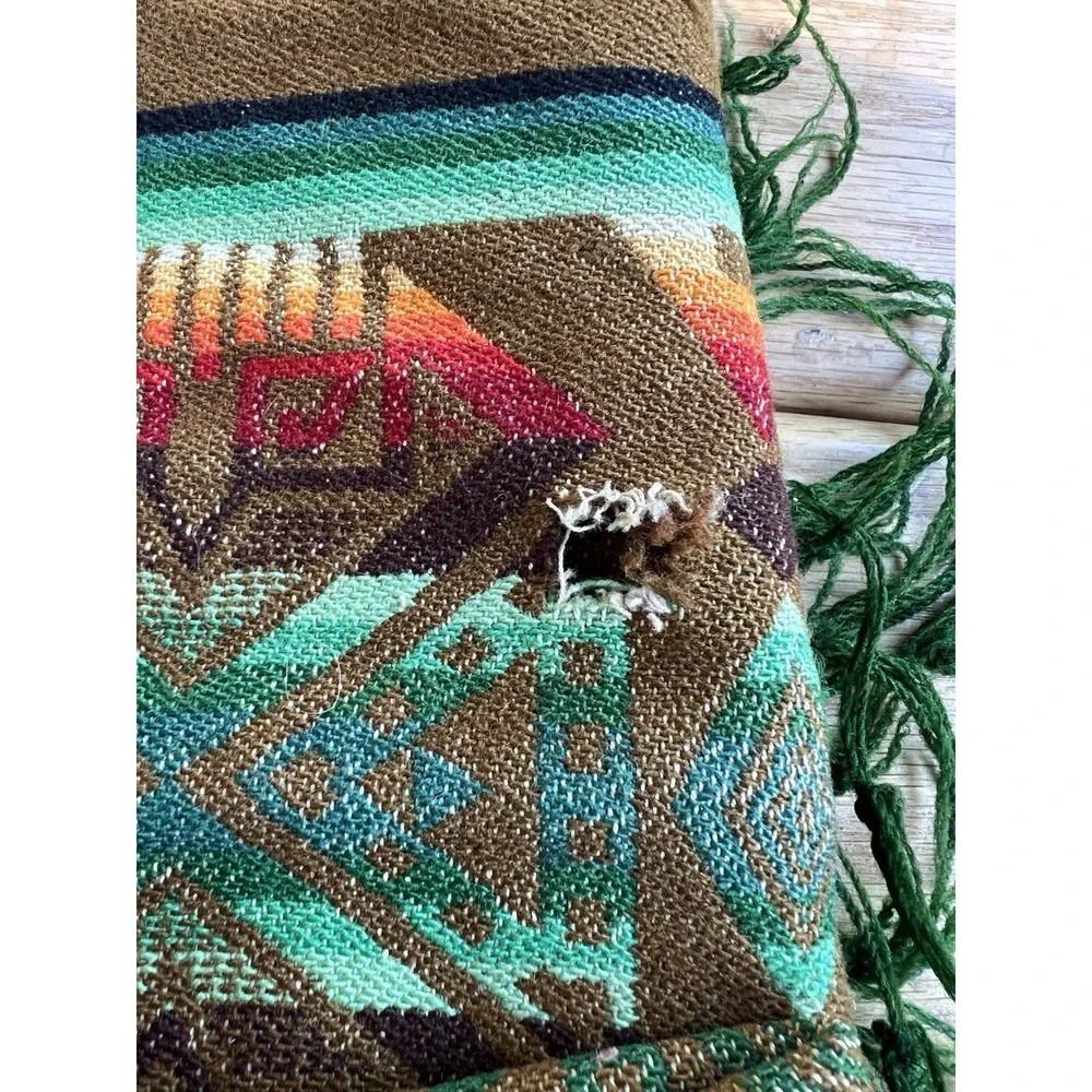 Vintage‎ Pendleton Wool Beaver State Aztec Blanket Throw Shawl Brown Green 60x66